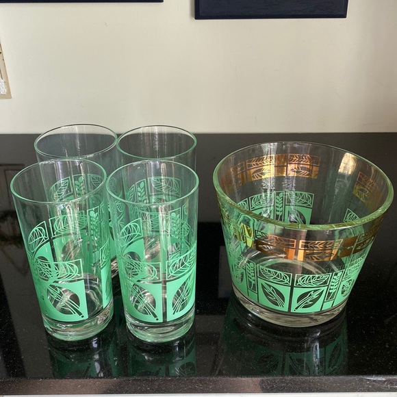 Mid century glass ice bucket/4 highball drinking glasses - Picture 1 of 14